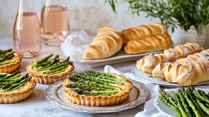 A French patisserie-inspired display of asparagus tarts, accompanied by freshly baked baguettes and a carafe of rosé wine