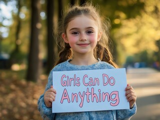 Empowered young girl holding a sign that reads Girls Can Do Anything