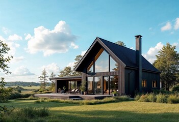 Fototapeta premium Modern Black House Nestled in a Green Landscape Under a Bright Blue Sky. Generative AI
