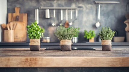 Fototapeta premium A rustic kitchen counter with fresh organic herbs like rosemary, thyme, and basil tied in small bundles