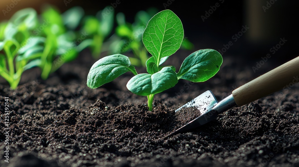 Poster including a trowel and pruning shears, gardening tools rest on freshly turned dark soil, surrounded 