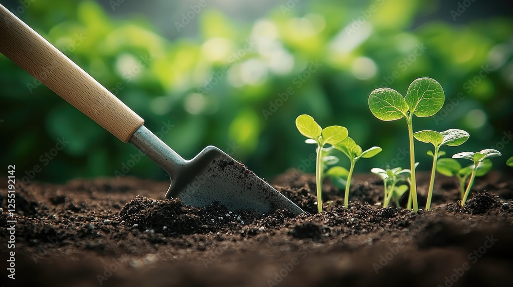Poster including a trowel and pruning shears, gardening tools rest on freshly turned dark soil, surrounded 