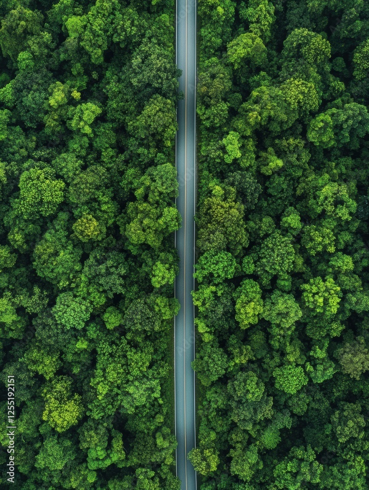 Aufkleber Road stretches into dense forest inviting exploration and adventure. Generative AI