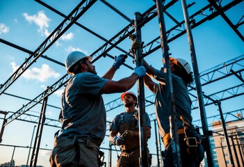 Construction Workers Collaborating on a Steel Framework Under a Blue Sky. Generative AI