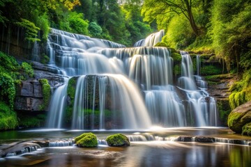 Obraz premium Serene waterfall cascades through lush greenery, a minimalist nature's embrace.