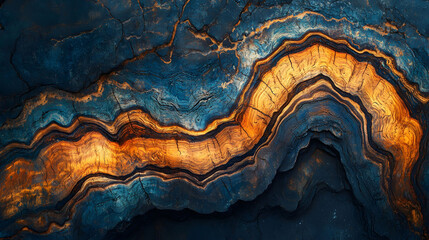 The cross-section of an aging tree trunk displays vibrant wood grain and complex growth rings. Deep cracks and smooth transition from amber to blue, with soft light highlighting wood details