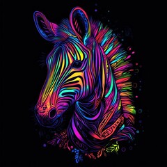 Vibrant rainbow zebra head design, detailed colorful lines, floral accents, dark background.