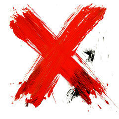 Bold hand painted red X cross mark isolated on white & transparent a background.