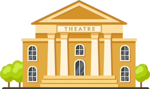 Classic theater building featuring majestic columns and elegant windows, surrounded by trees, inviting immersion in the rich world of performing arts within grand architecture