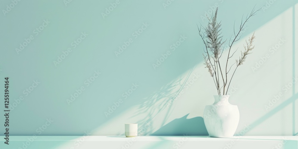 Poster a minimalist aesthetic featuring a soft light cyan backdrop, minimalist design elements arranged sym