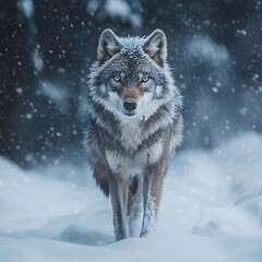 Obraz premium A lone wolf standing in a heavy snowstorm, ice forming on its thick fur.
