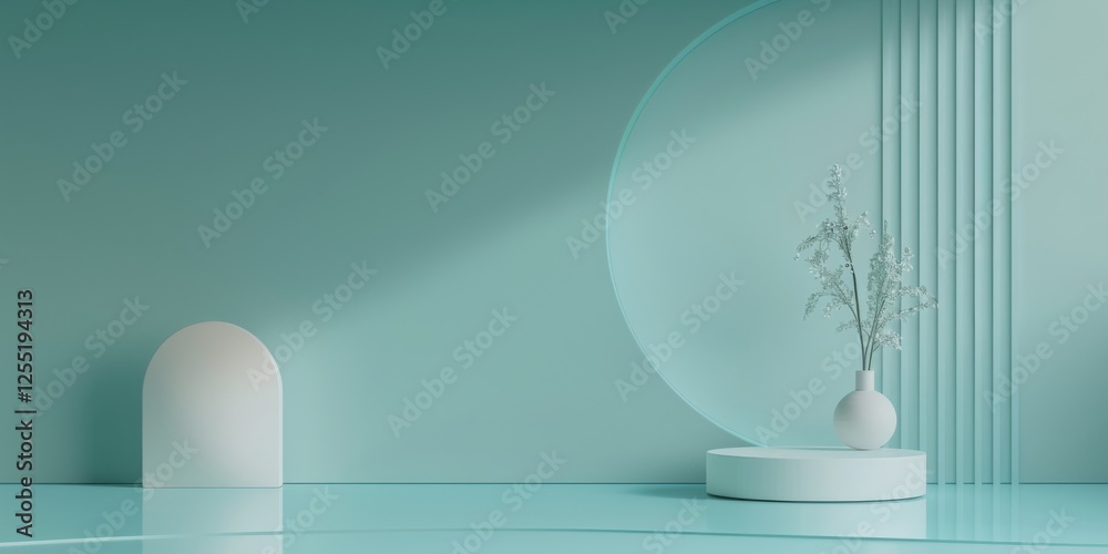 Poster a minimalist aesthetic featuring a soft light cyan backdrop, minimalist design elements arranged sym