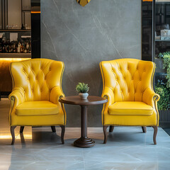 Two leather yellow armchairs and coffee table at the restaurant