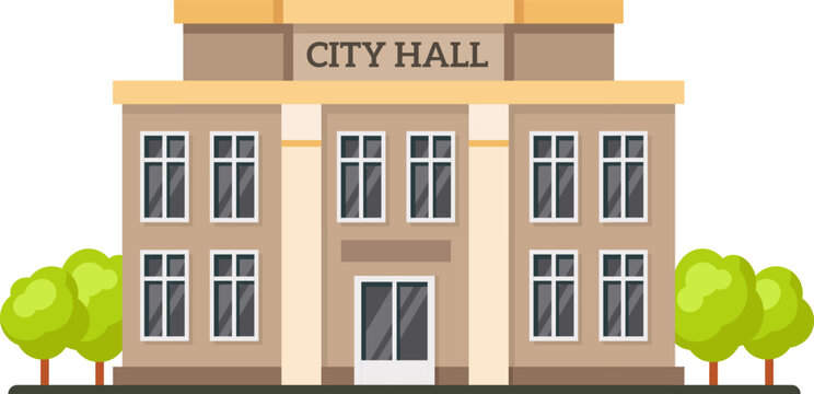City Hall building surrounded by trees symbolizes local government, embodying administration, civic duties, and community services within the urban landscape