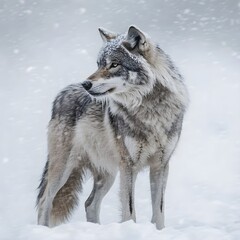 Fototapeta premium A lone wolf standing in a heavy snowstorm, ice forming on its thick fur.