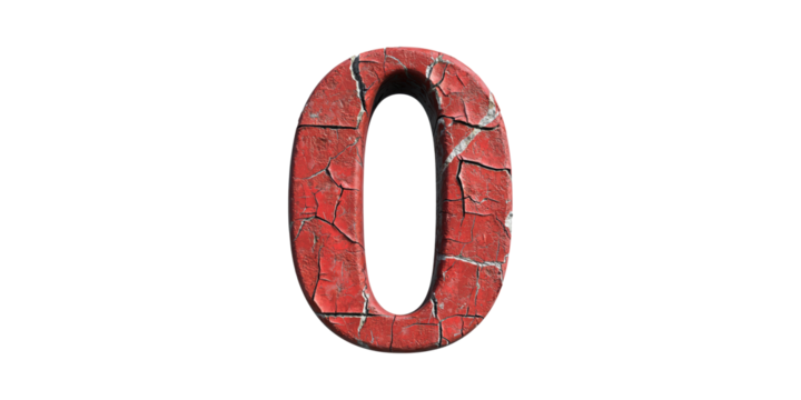 Red weathered number zero with cracks isolated on transparent background