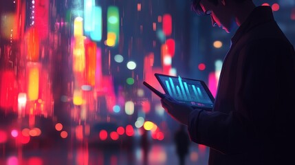 Businessman Analyzing Upward Trending Graph on Digital Tablet, Cityscape Backdrop, Vector Art