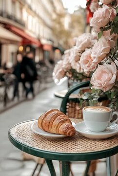 French cafe aesthetic with croissant and coffee cup on round table with pink roses. Paris street view for Mother's Day, International Coffee Day, Valentine's Day, Women's Day. Vertical video