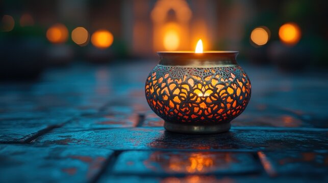 Golden candle flame in ornate metal holder amidst orange flower petals on a teal surface. Soft glowing light. - Powered by Adobe