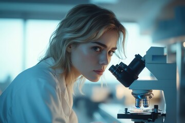 A female scientist intently examines a sample under a microscope in a laboratory setting.