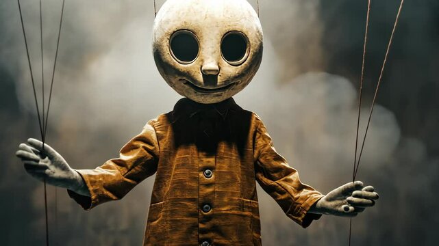 Creepy puppet hanging by strings in a smoky room