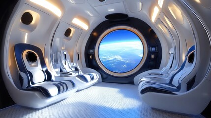 Futuristic space travel interior featuring sleek seating and a panoramic view of Earth from a spacecraft