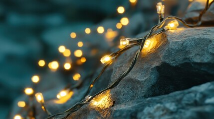 Twinkling fairy lights draped over textured rocks at twilight, creating a magical ambiance in an outdoor setting