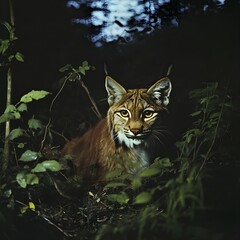 Fototapeta premium A lynx emerging from the underbrush, its tufted ears twitching in the stillness of the night.