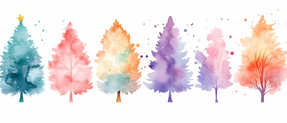 Colorful watercolor trees winter design