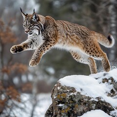Obraz premium A lynx leaping from a snowy rock, its muscles coiled in perfect predatory form.