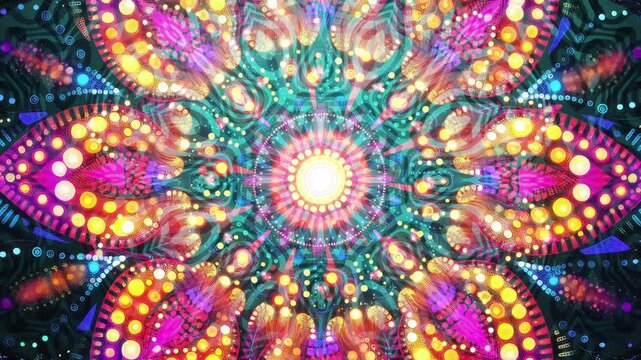 Radiant Colorful Lotus Mandala - Glowing Sacred Geometry, Seamless Meditation Loop of Mystical Energy and Spiritual Awakening 