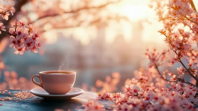 White cup of tea with blooming cherry blossoms at sunrise. Japanese sakura branches in spring. Mother's Day, International Coffee Day, Valentine's Day, Women's Day concept