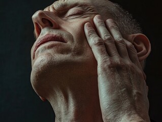 Naklejka premium Mature Man with Hand on Face, Expressing Discomfort and Distress
