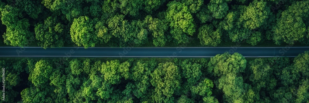 Poster curved road stretches into the lush greenery of a dense forest on a clear day surrounded by nature. 