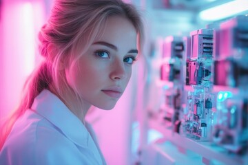 A young female scientist looks intently at complex machinery in a neon-lit lab, showcasing futuristic technology and innovation.