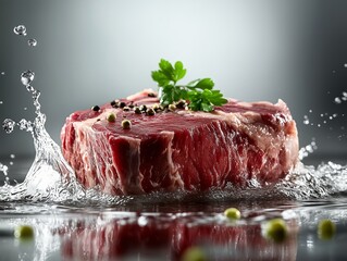 Fresh meat splash with herbs on a reflective surface in bright lighting. Generative AI