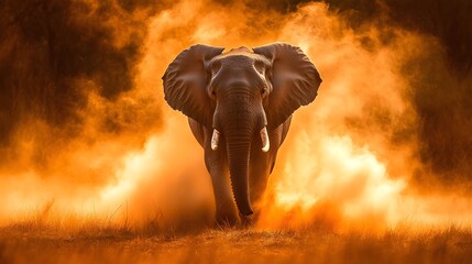 Obraz premium A majestic African elephant walking through golden grasslands, dust rising around its massive feet.