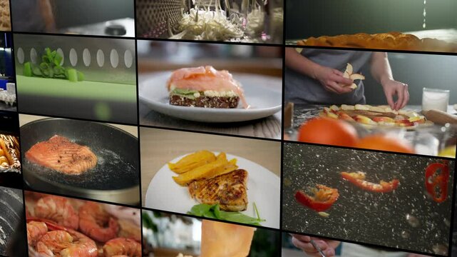 Compilation of home cooking moments: Chefs preparing dishes, chopping vegetables, mixing ingredients, and showcasing the lifestyle of cooking in a home kitchen. High quality 4k footage