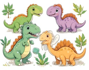 Obraz premium Adorable Cartoon Dinosaurs: Playful Poses in Vibrant Colors