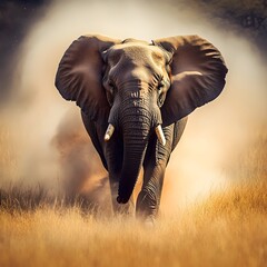 Obraz premium A majestic African elephant walking through golden grasslands, dust rising around its massive feet.