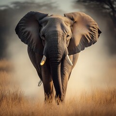 Obraz premium A majestic African elephant walking through golden grasslands, dust rising around its massive feet.