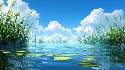 Fototapeta premium Tranquil Pond Reflecting Blue Sky with Fluffy Clouds