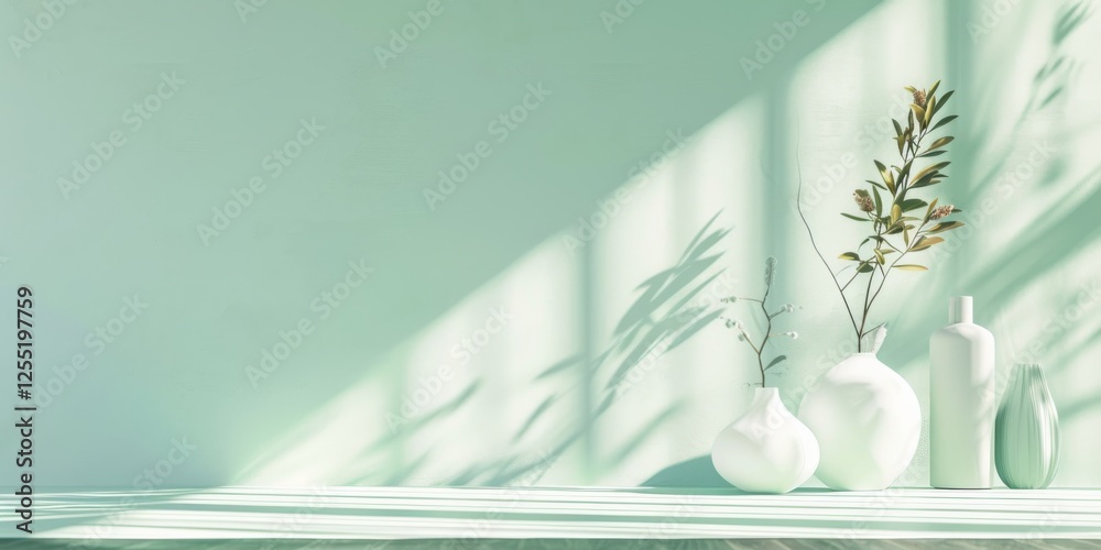 Poster a minimalist aesthetic featuring a soft pastel green backdrop, minimalist design elements arranged s