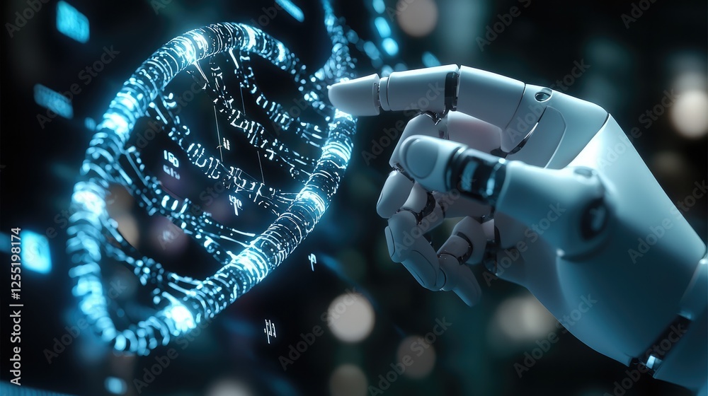 Poster this holographic projection shows a robotic hand manipulating dna strands, emphasizing precision med