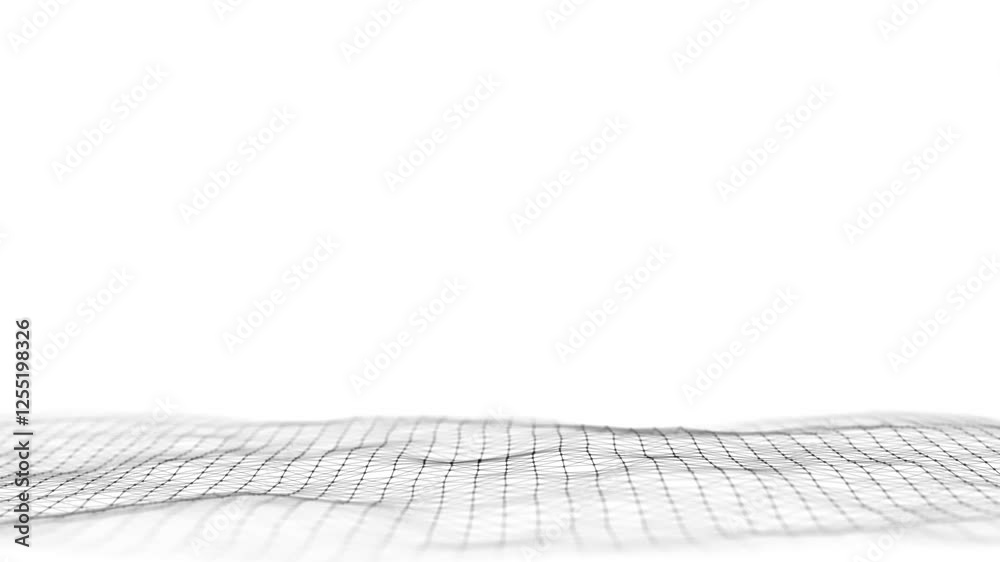 Poster Abstract wave with black points and lines on white background. Science background with moving dots. Network connection technology. Digital structure with particles. 3d rendering.
