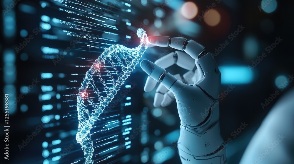 Poster this holographic projection shows a robotic hand manipulating dna strands, emphasizing precision med