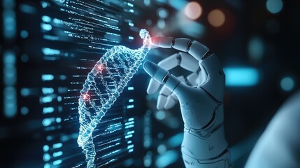 This holographic projection shows a robotic hand manipulating DNA strands, emphasizing precision medicine and genetic innovation.