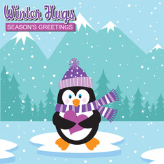 Christmas card design with cute penguin and heart