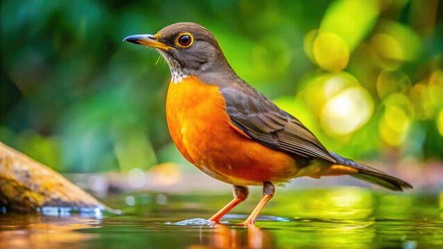 Vibrant orange thrush, a Brazilian symbol, bathes in a river. Stunning wildlife photography captures this native bird.