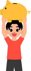 smiling boy holding piggybank over her head illustration